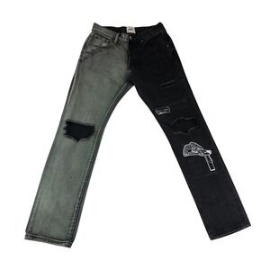 mnml Mens 31x30 Split Graphic Distressed Jeans Black Grey Two Tone Acid Wash